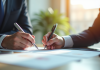 Professionnel immobilier signant des documents dans un bureau lumineux