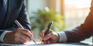 Professionnel immobilier signant des documents dans un bureau lumineux