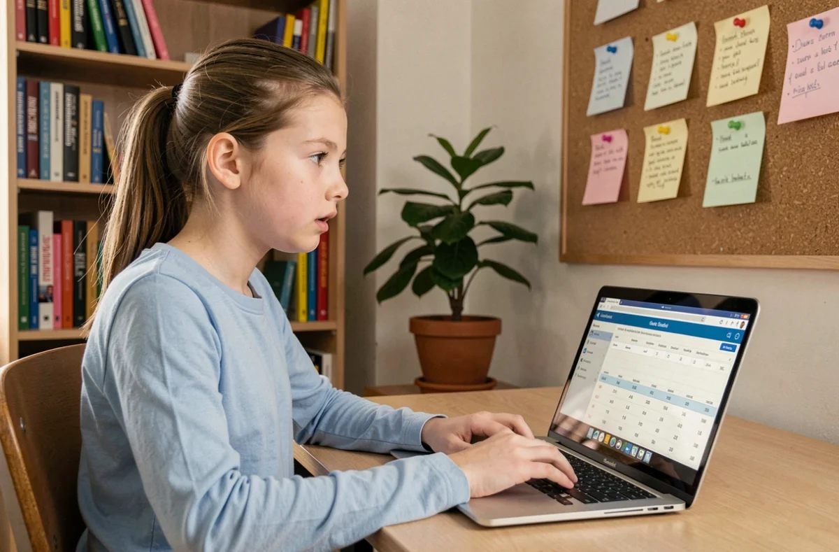 Adolescente utilisant un simulateur en ligne de calcul de notes pour le brevet des collèges sur un ordinateur portable