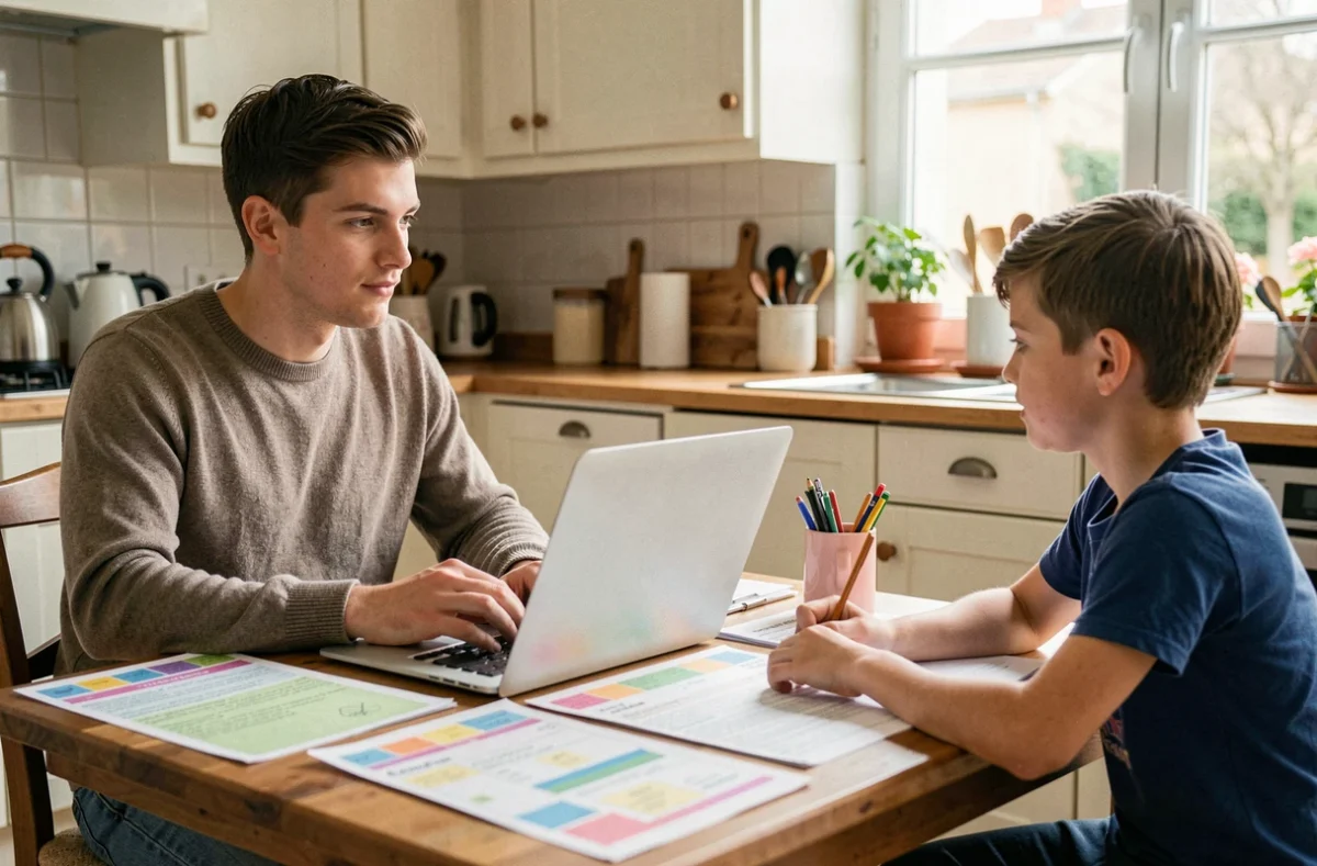 Un jeune tuteur de Solution Cours donnant un cours particulier à domicile à un collégien autour d'une table avec des fiches de travail