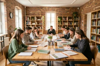 Groupe d'élèves de différents âges dans un centre de soutien scolaire en Normandie, autour d'une table avec des livres ouverts