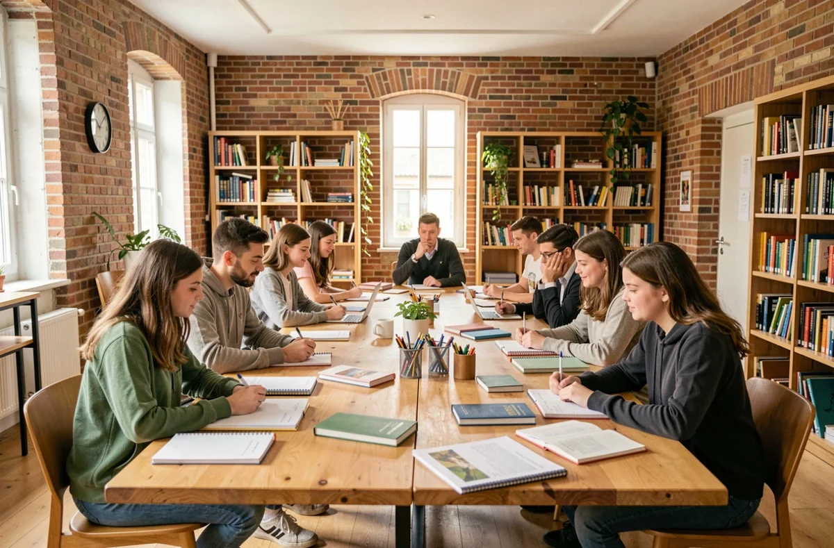 Groupe d'élèves de différents âges dans un centre de soutien scolaire en Normandie, autour d'une table avec des livres ouverts