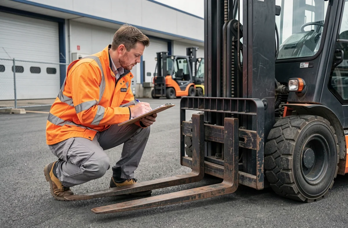 Stagiaire réalisant une vérification avant prise de poste d'un chariot élévateur dans le cadre de la certification CACES