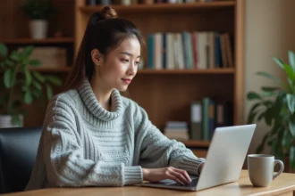 Jeune femme consultant des supports de cours en ligne sur un ordinateur portable dans un bureau à domicile