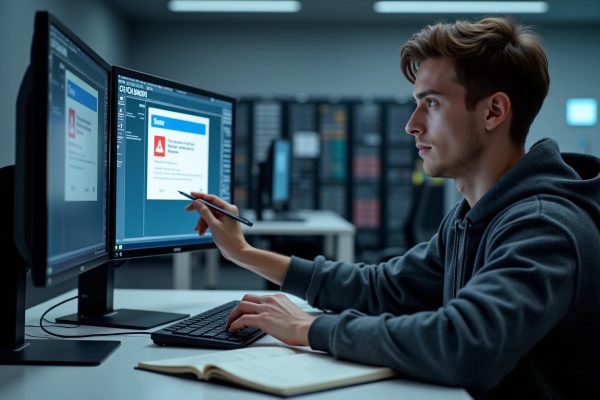 Technicien informatique analysant un message d'erreur lors de la configuration d'une connexion SCEI sur un poste de travail professionnel