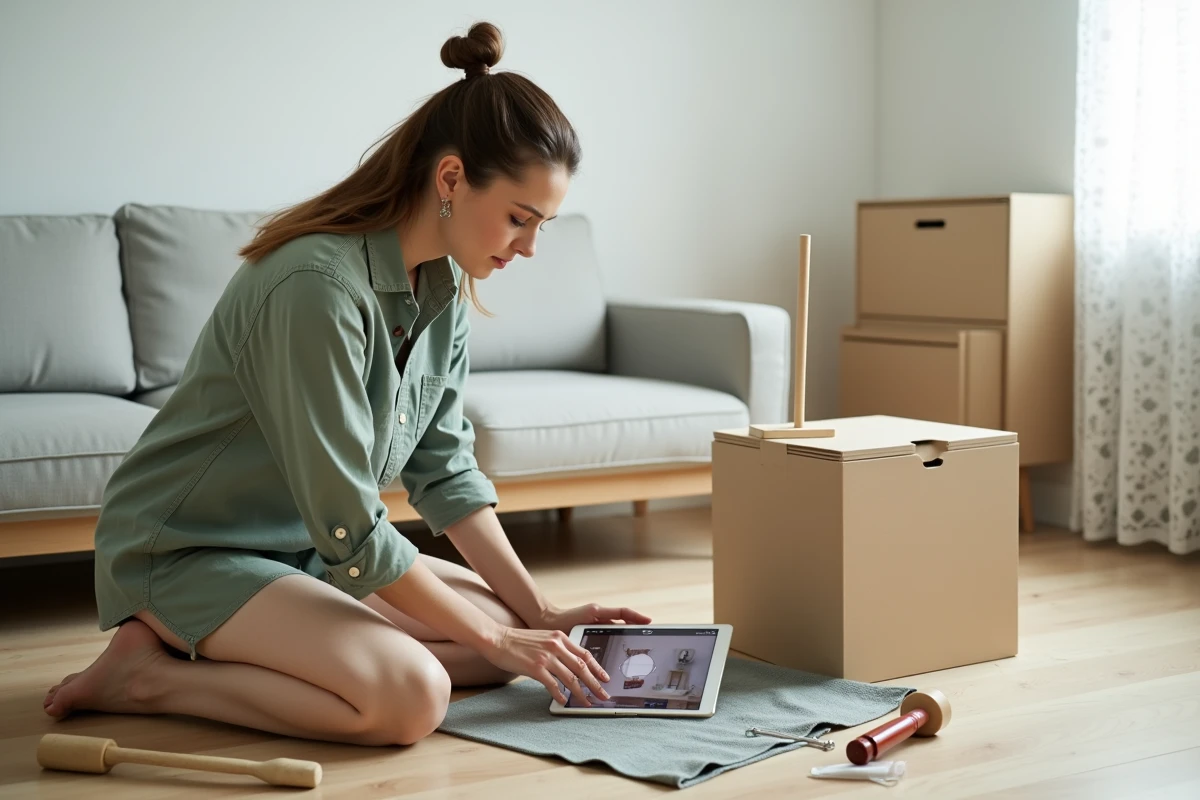 Femme suivant un tutoriel bricolage en ligne sur tablette pour assembler des meubles dans un salon moderne