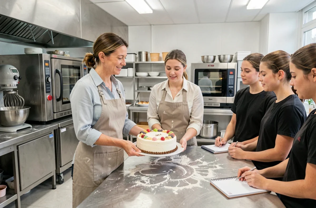 Formatrice en pâtisserie présentant un gâteau décoré à des étudiants adultes dans un laboratoire de l'Université des Métiers de l'Artisanat