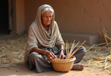 Arts traditionnels : Découvrez les 5 principales formes artistiques ancestrales ! Femme âgée tissant un panier en rotin dans un cadre rural