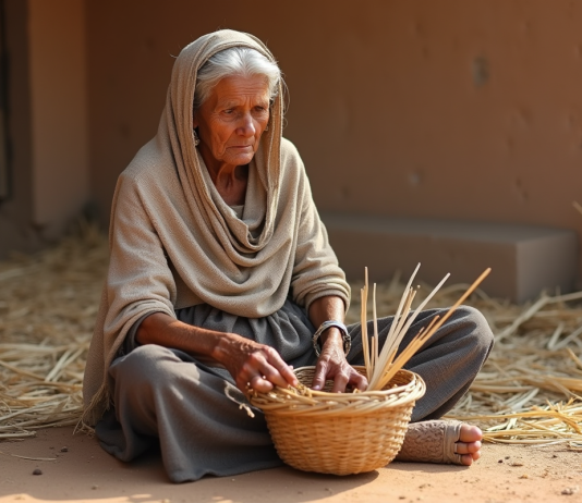 Femme âgée tissant un panier en rotin dans un cadre rural