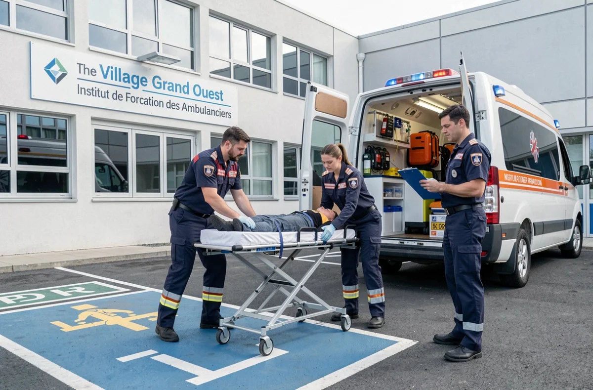 Stagiaires ambulanciers pratiquant un transfert de patient avec une civière sous la supervision d'un formateur au Village Grand Ouest