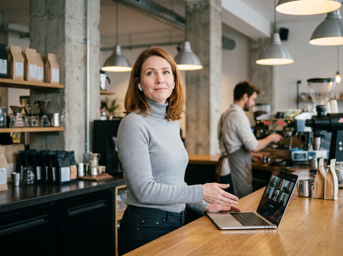 Femme en visioconférence debout dans un café moderne de Lyon alliant travail à distance et style urbain professionnel